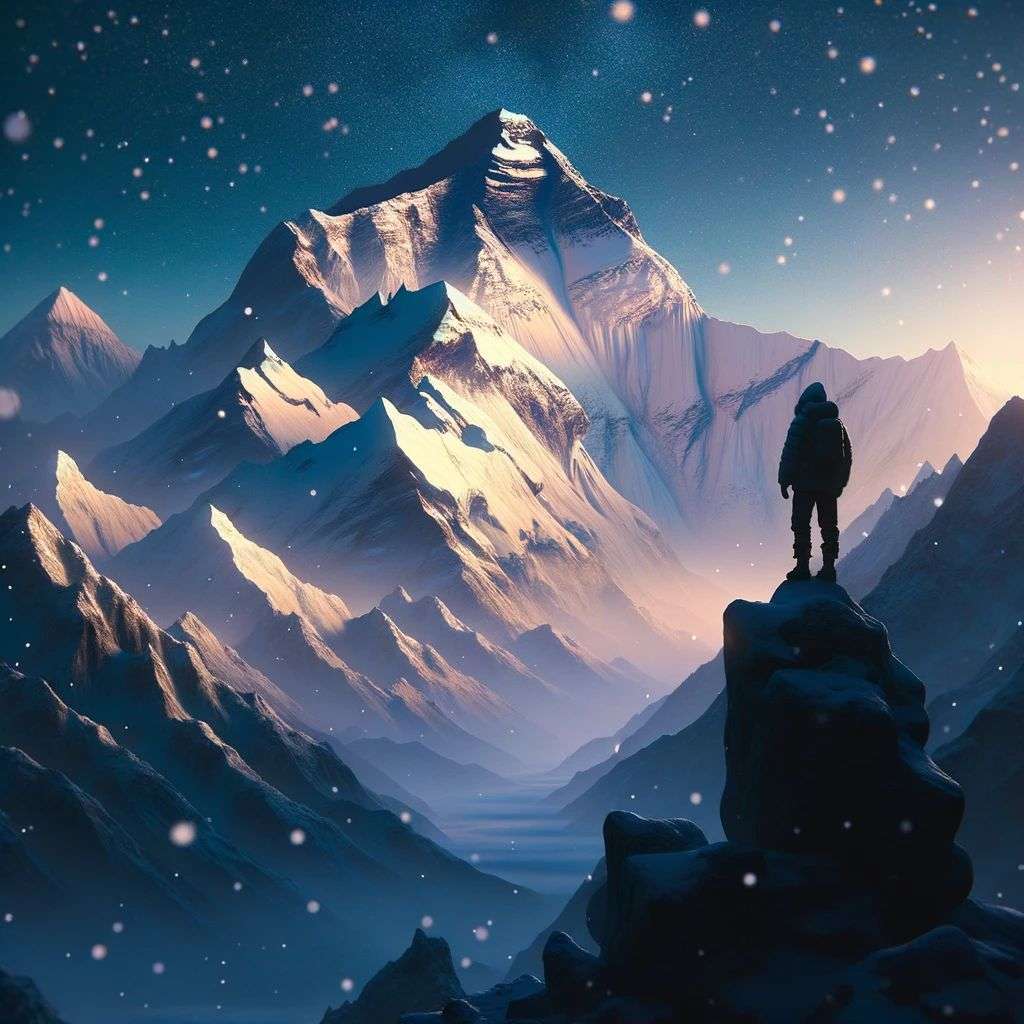 someone gazing at Mount Everest, digital art, 2.5D style